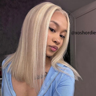 Model Wearing Blonde Highlight Bob Wig Left View