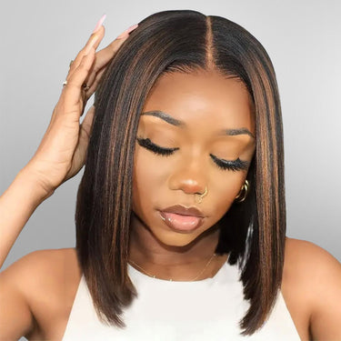 Megalook 6x5 Invisible Knots & 13x4 Lace Frontal Auburn Highlights On Black Straight Bob Wigs Beginner Friendly