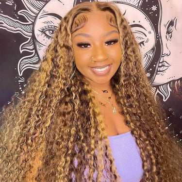 Megalook Bogo Free 13x4 Lace Front Highlight Honey Blonde Deep Wave Wig 100% Human Hair