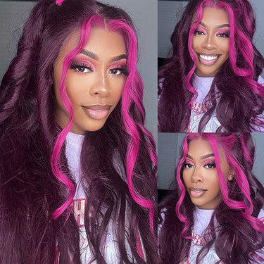 Megalook 13x4 Lace Frontal Glueless Dark Plum Skunk Stripe Straight Wigs Invisible Knots Natural Edges