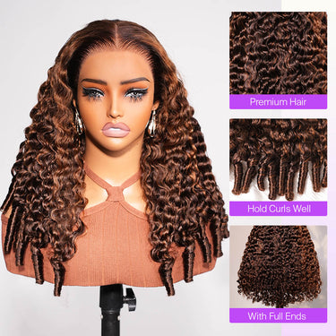 Brown Highlight Water Wave 13x6 Glueless Wig With Finger Coil Ends Details