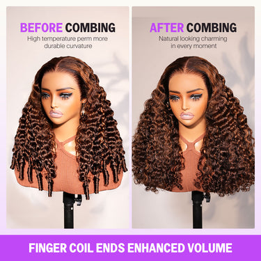 Brown Highlight Water Wave 13x6 Glueless Wig With Finger Coil Ends Enhanced Volume