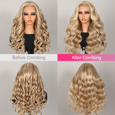Blonde Khaki Highlight Wig Before And After Combing