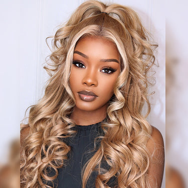 Megalook 13x4 Lace Frontal Milk Tea Brown With Highlight Body Wave Wigs Invisible Knots Natural Hairline