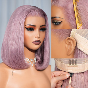 Ash Purple 13*5 Bob Wig With C-Shaped Design And Adjustable Drawstring