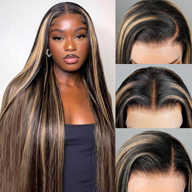 Megalook 13x6 Three-Go™ Auburn Highlights On Black Glueless Wigs Silky Straight With Drawstring 100% Human Hair Wig