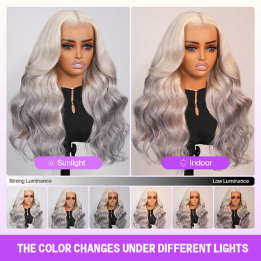 Blonde To Grey Ombre 13x6 Glueless Wig Under Different Lights