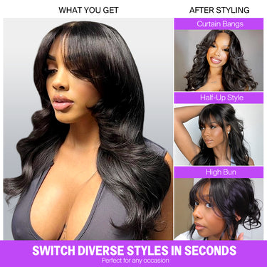 Body Wave Closure Wig With Curtain Bangs Switch Diverse Styles In Seconds