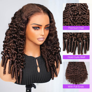 Brown Water Wave 13x6 Glueless Wig With Finger Coil Ends Details