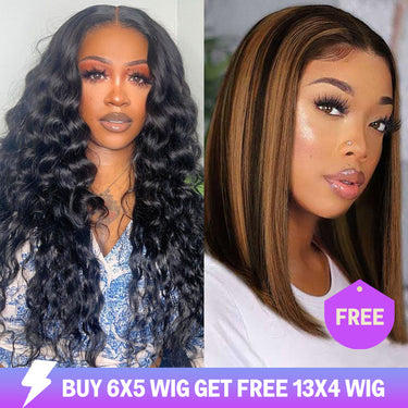 Limited-Time Offer-Pre-Cut Glueless 6x5 Lace Closure Loose Curly+13x4 Lace 1BP30 Bob Straight Wig