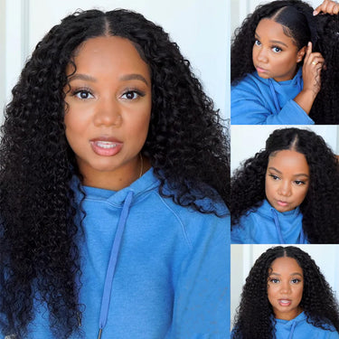 Megalook V Part Glueless Jerry Curly Wigs Invisi Drawstring Natural Black Seamless Wear