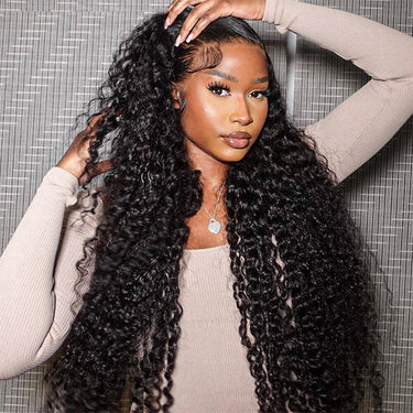 Megalook 13x4 Lace Frontal Deep Wave Wigs 32-40 Inch Invisible Knots Natural Black Natural Hairline