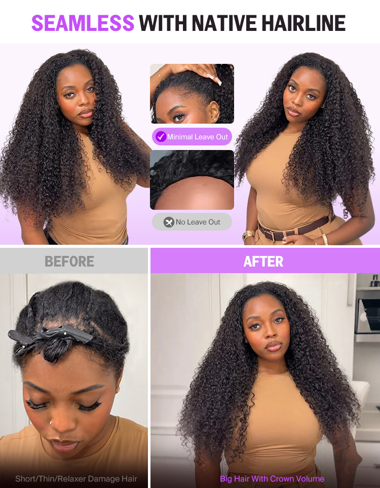 Before and After Wearing Kinky Curly Half Wig on Woman