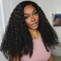 Model Wearing Kinky Curly Half Wig Indoors