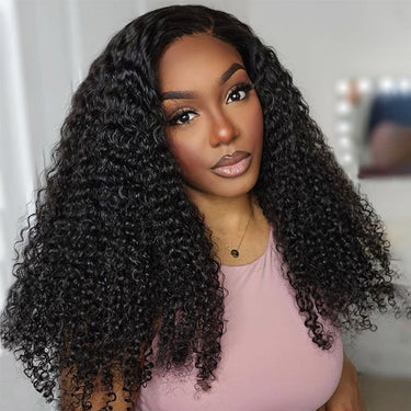 Model Wearing Kinky Curly Half Wig Indoors