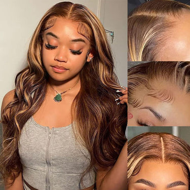 Megalook 13x4 Lace Frontal Honey Blonde Highlights On Brown Body Wave Invisible Knots Natural Edges