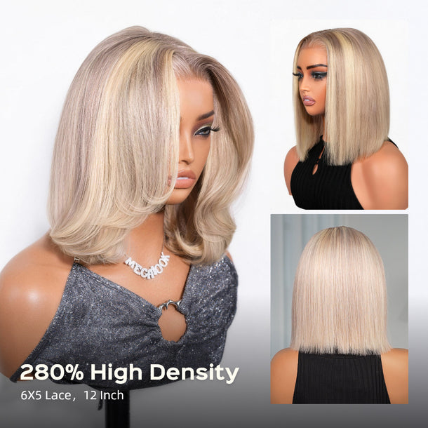 10/613 Blonde Highlight 6x5 Bob Glueless Wig 12Inch 280% Density &autoplay